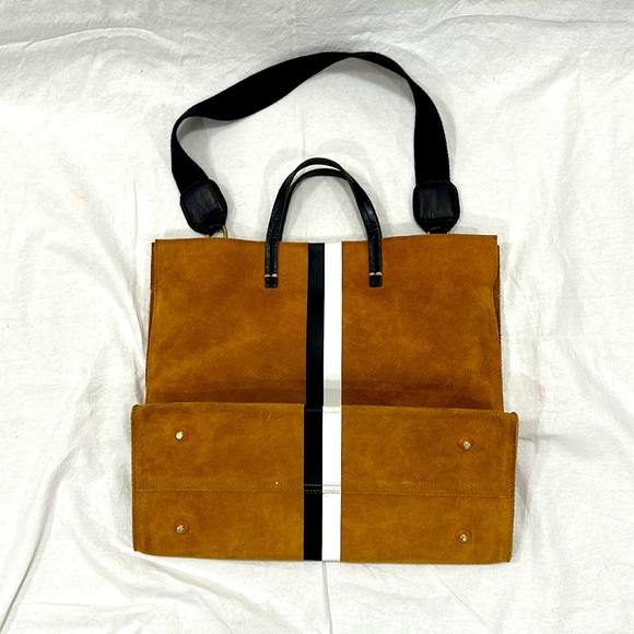 Clare V. Simple Tote - Camel Suede w/ Black & White Stripe + Shoulder Strap - Picture 3 of 8